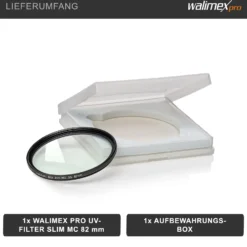 Walimex pro UV-Filter Slim MC 82mm - Schutz vor UV-Strahlen und Verschmutzung, Hochwertige Mehrschichtvergütung, mit äußerst dünner, gering auftragender Metallfassung, Inkl. Schutzhülle