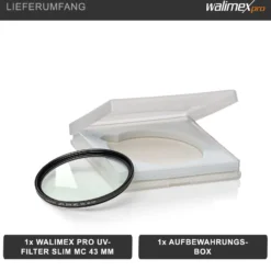 Walimex pro UV-Filter Slim MC 43mm - Schutz vor UV-Strahlen und Verschmutzung, Hochwertige Mehrschichtvergütung, mit äußerst dünner, gering auftragender Metallfassung, Inkl. Schutzhülle