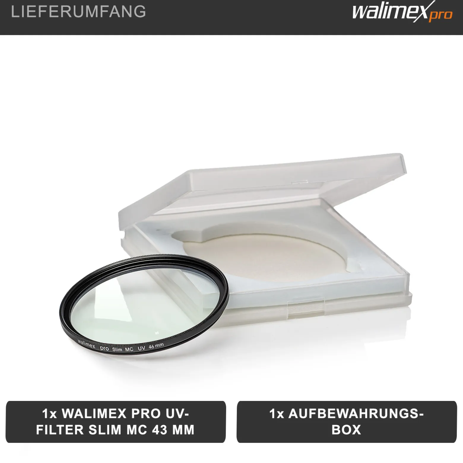 Walimex pro UV-Filter Slim MC 43mm - Schutz vor UV-Strahlen und Verschmutzung, Hochwertige Mehrschichtvergütung, mit äußerst dünner, gering auftragender Metallfassung, Inkl. Schutzhülle