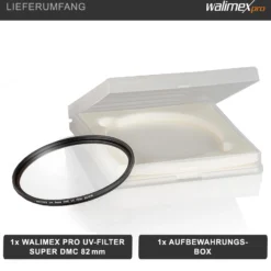Walimex pro UV-Filter Slim Super DMC 82mm - besonders hochwertiger UV Filter Objektivfilter, Slim – nur 2,5 mm,16x Super DMC Vergütung, für Objektivschutz und brilliante Farben, mit Box