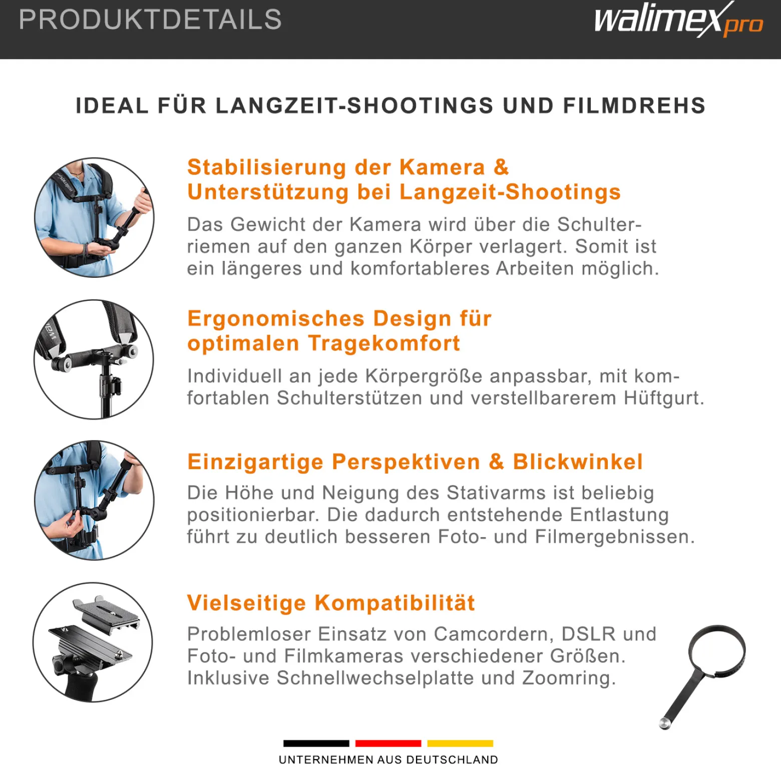 Walimex pro Video Schulterstativ für Kamera & Camcorder - Ergonomisch, Anpassbar & Komfortabel - Inklusive Schnellwechselplatte & Zoomring