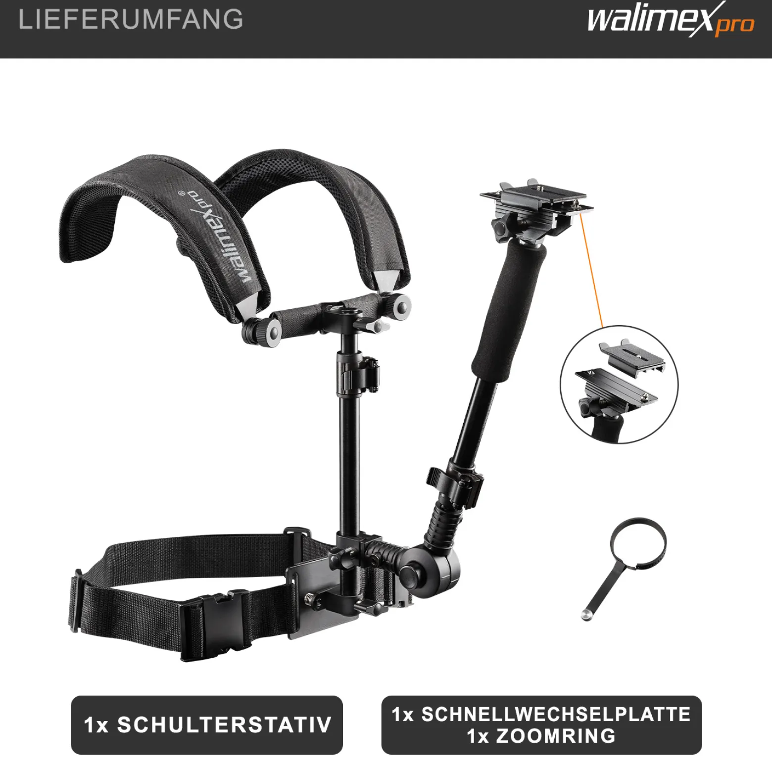 Walimex pro Video Schulterstativ für Kamera & Camcorder - Ergonomisch, Anpassbar & Komfortabel - Inklusive Schnellwechselplatte & Zoomring