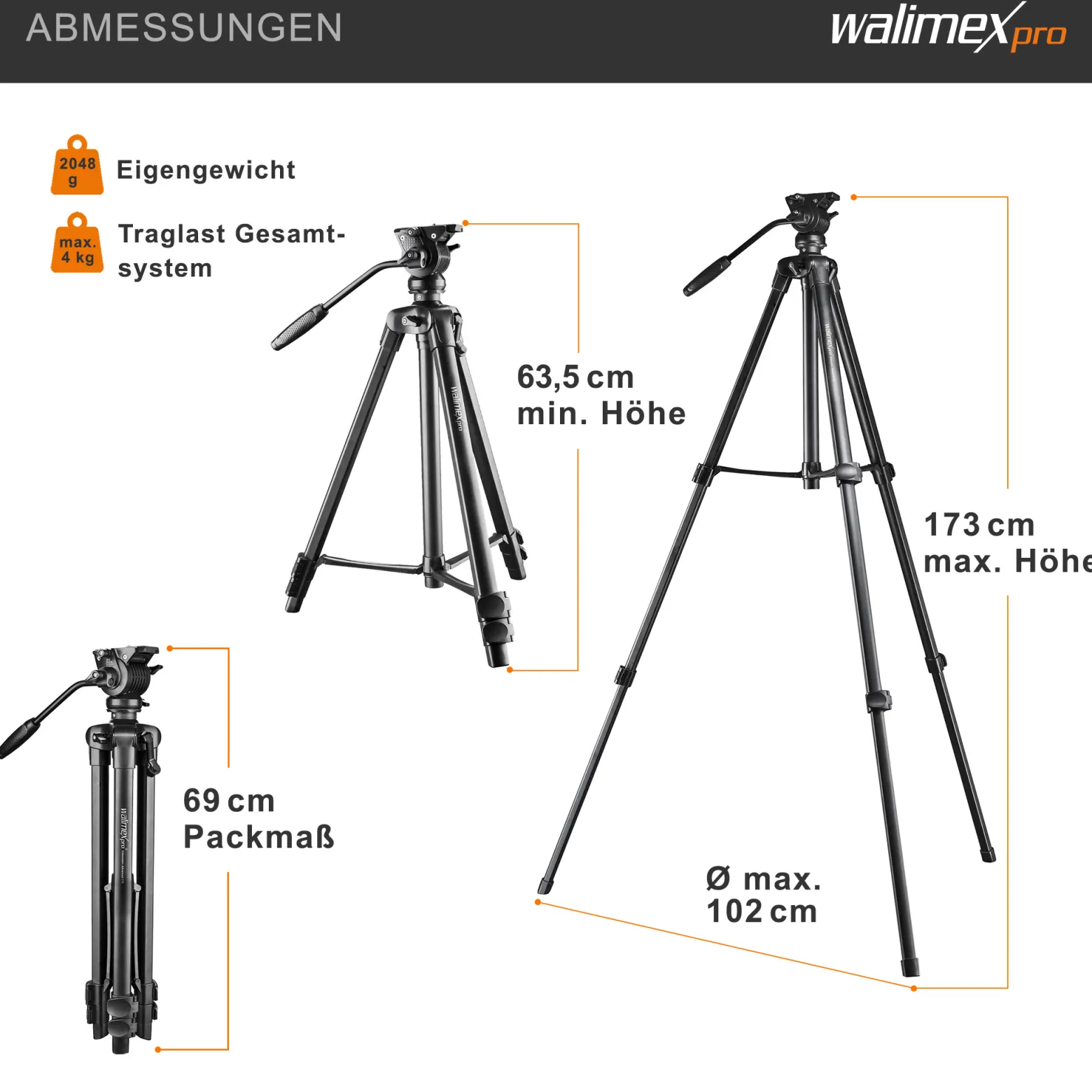 Walimex pro Videostativ Advanced 173 SH - 690 x 56 x 110 mm / Traglast max. 4 kg - mit Smartphone-Halterung und Tasche, 360° Neiger - für DSLR Kamera, Camcorder und Handy