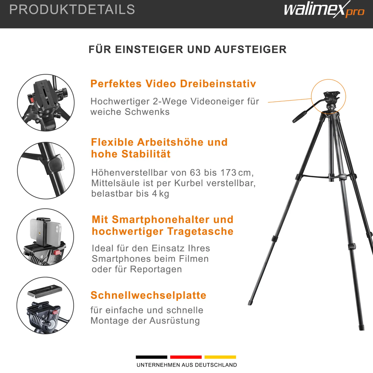 Walimex pro Videostativ Advanced 173 SH - 690 x 56 x 110 mm / Traglast max. 4 kg - mit Smartphone-Halterung und Tasche, 360° Neiger - für DSLR Kamera, Camcorder und Handy
