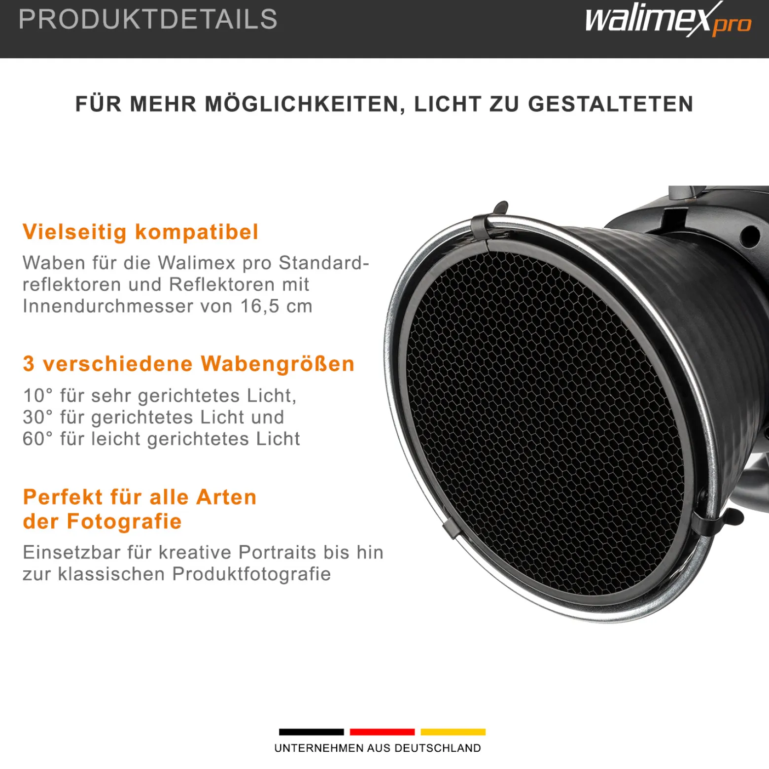 Walimex pro Wabenset 3-teilig für Standardreflektoren, Waben mit 10°, 30° und 60° Abstrahlwinkel für gerichtetes Licht