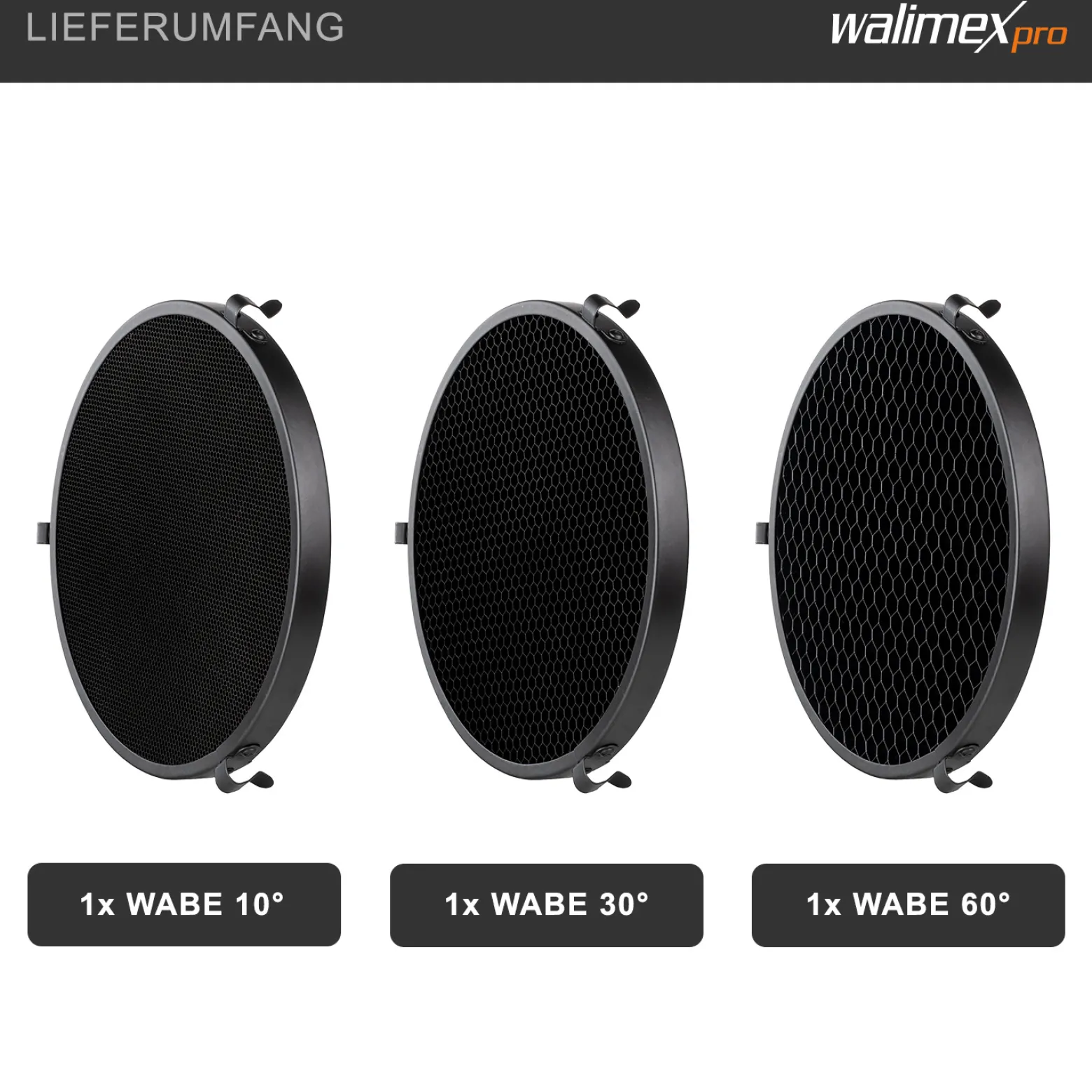 Walimex pro Wabenset 3-teilig für Standardreflektoren, Waben mit 10°, 30° und 60° Abstrahlwinkel für gerichtetes Licht