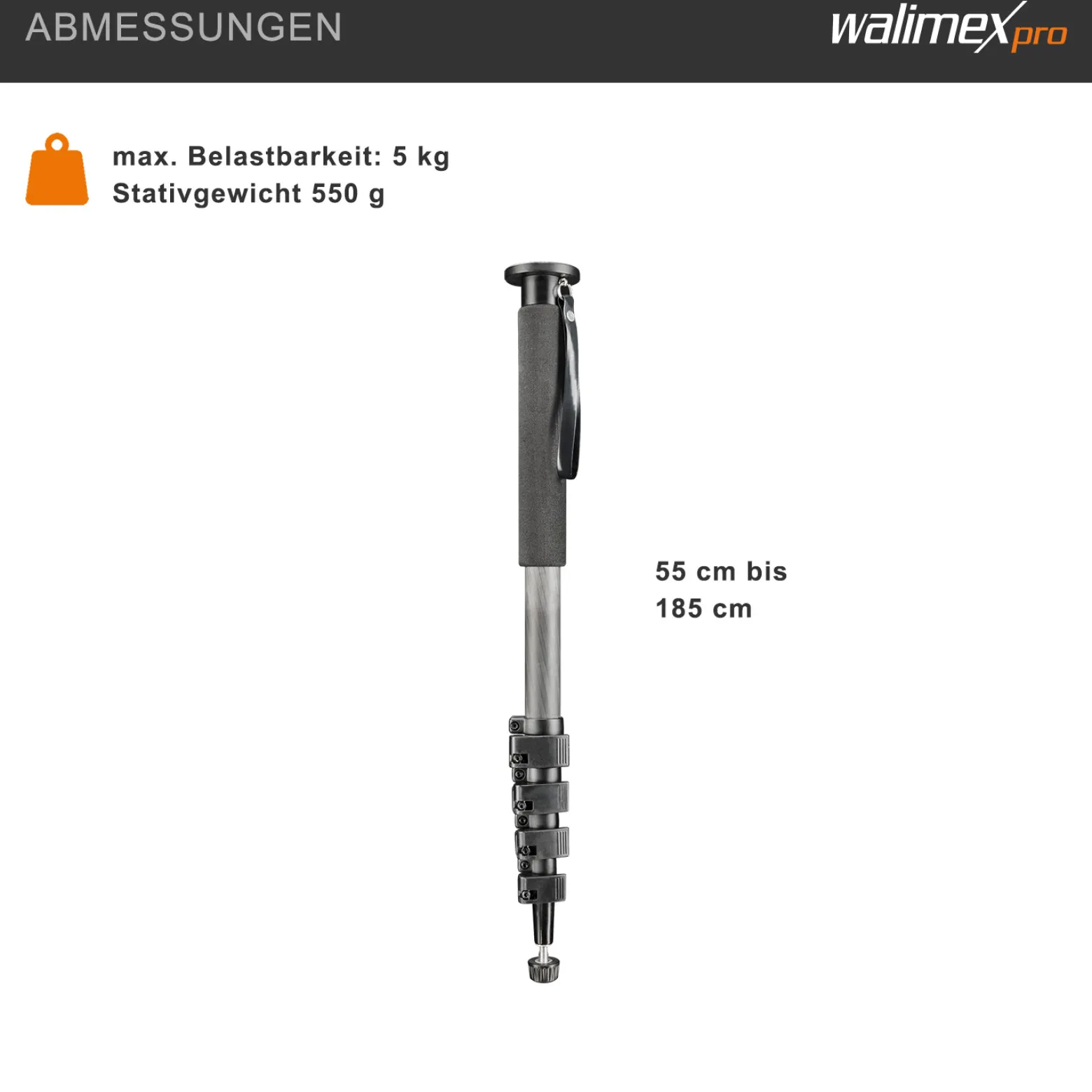 Walimex pro WAL-1983 Carbon-Pro-Einbeinstativ - 330 x 33 x 33 mm - max. Höhe 185 cm - max. Traglast ca. 5 kg - Monopod mit Spike, Schnellverschlüssen - Reisestativ Travelstativ passend für Kameras