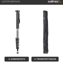 Walimex pro WAL-1983 Carbon-Pro-Einbeinstativ - 330 x 33 x 33 mm - max. Höhe 185 cm - max. Traglast ca. 5 kg - Monopod mit Spike, Schnellverschlüssen - Reisestativ Travelstativ passend für Kameras