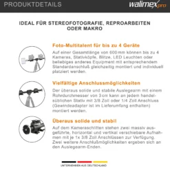 Walimex pro WT-628 Auslegearm 60 cm, Kamera Slider bis 4 Geräte montierbar, für Fotostativ mit 2x 3/8'' und 2x 1/4'' Gewinde, vielseitig einsetzbar im Fotostudio