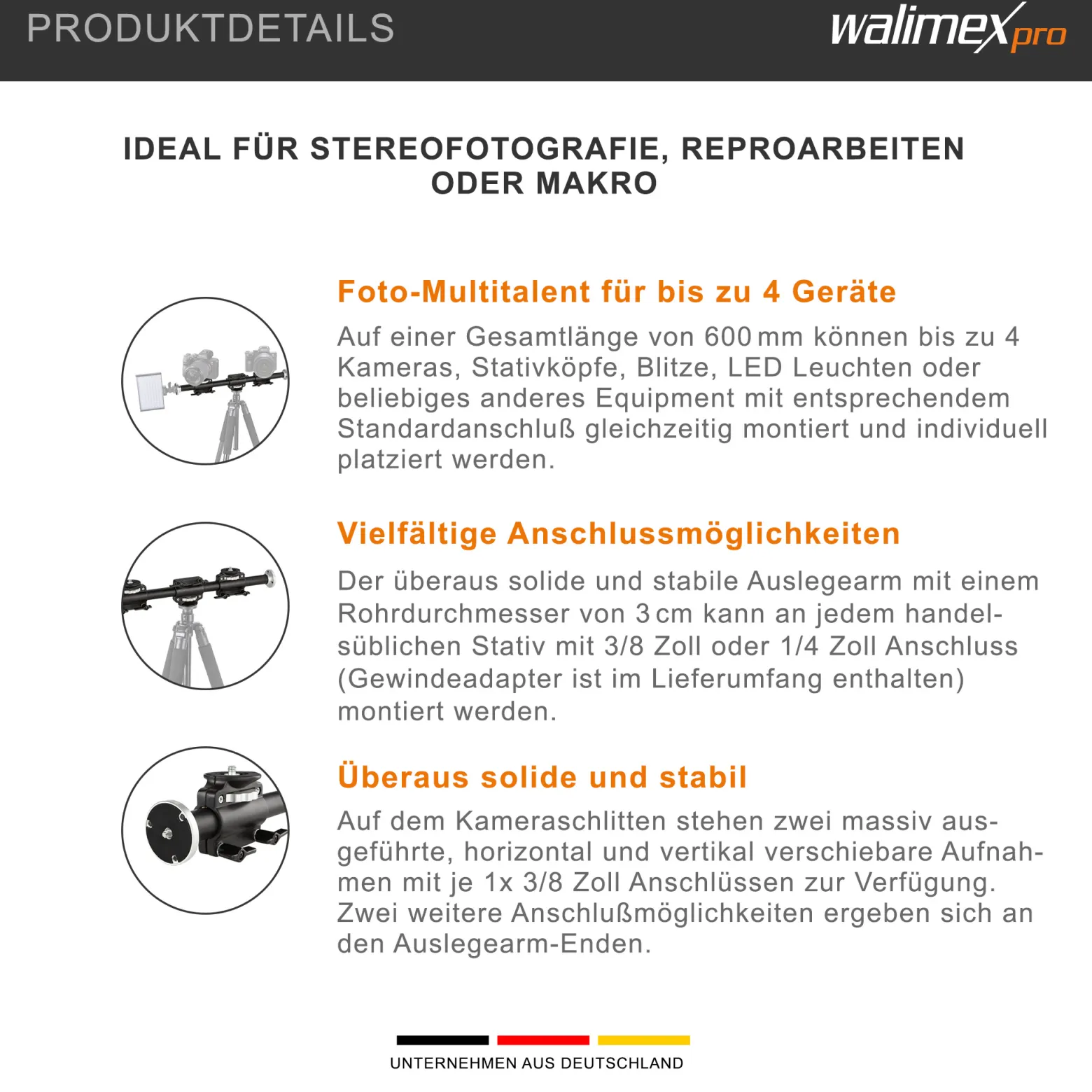 Walimex pro WT-628 Auslegearm 60 cm, Kamera Slider bis 4 Geräte montierbar, für Fotostativ mit 2x 3/8'' und 2x 1/4'' Gewinde, vielseitig einsetzbar im Fotostudio