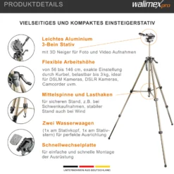 Walimex pro WT-3530 Basic-Stativ 146 cm bronzefarben, Dreibein Fotostativ höhenverstellbar 56-146 cm, Kamerastativ mit Wasserwaage, 3D-Neiger und 65 mm Schnellwechselplatte