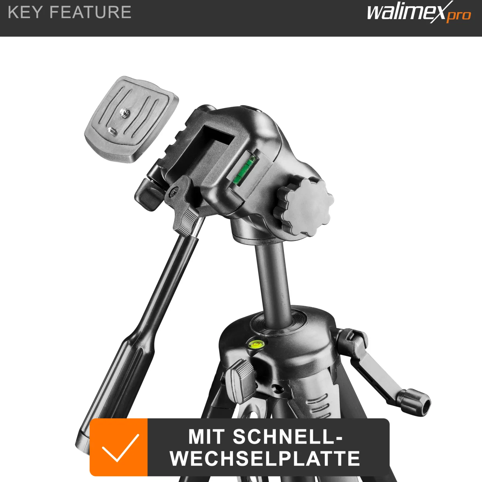 Walimex pro WT-3570 Basic-Stativ 168 cm schwarz, Kamerastativ mit Wasserwaage und 3D-Videoneiger, Dreibein Reisestativ mit Tragetasche, Tripod für DSLR, DSLM, System-, Digital- und Action Kameras
