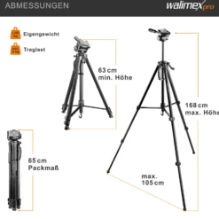 Walimex pro WT-3570 Basic-Stativ 168 cm schwarz, Kamerastativ mit Wasserwaage und 3D-Videoneiger, Dreibein Reisestativ mit Tragetasche, Tripod für DSLR, DSLM, System-, Digital- und Action Kameras