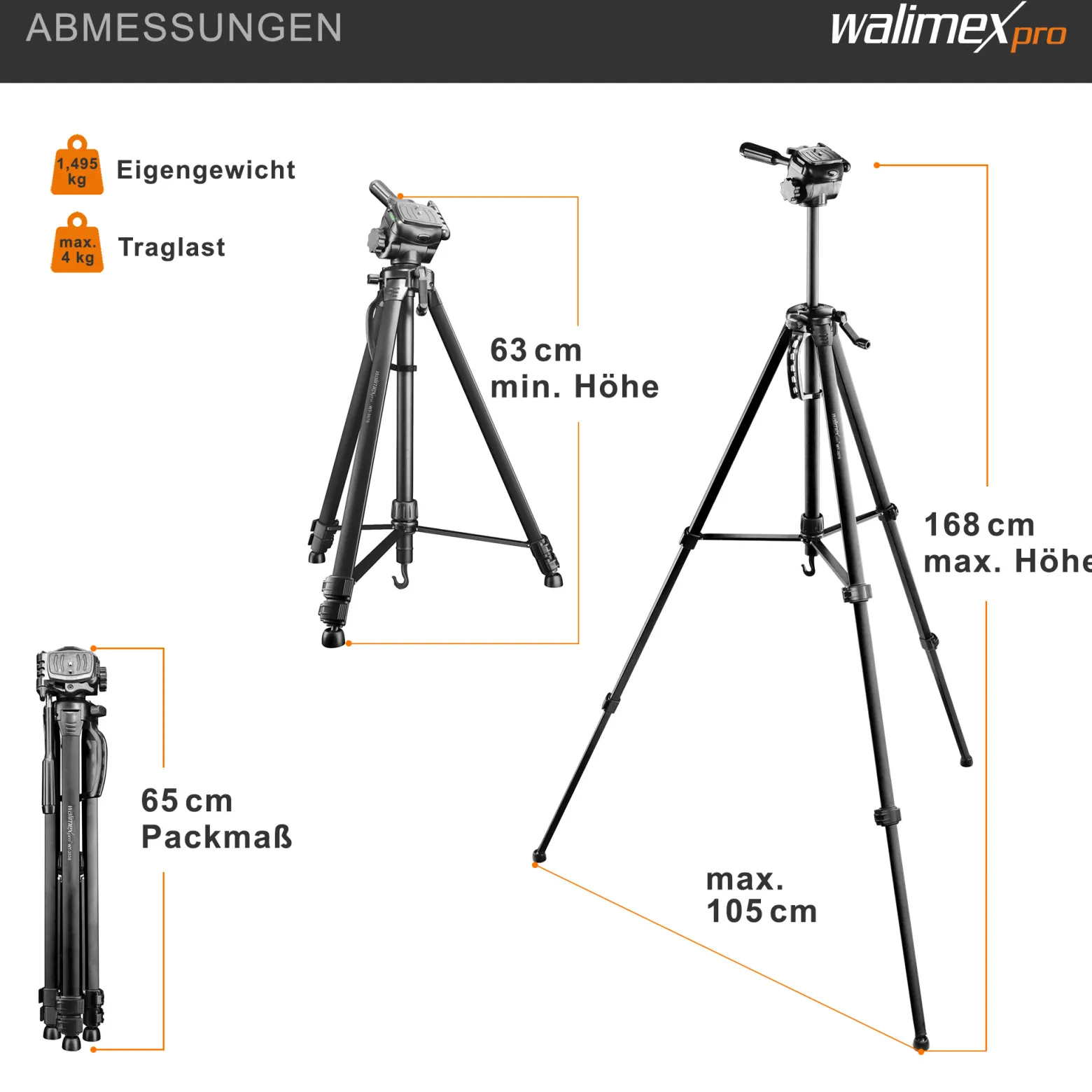 Walimex pro WT-3570 Basic-Stativ 168 cm schwarz, Kamerastativ mit Wasserwaage und 3D-Videoneiger, Dreibein Reisestativ mit Tragetasche, Tripod für DSLR, DSLM, System-, Digital- und Action Kameras