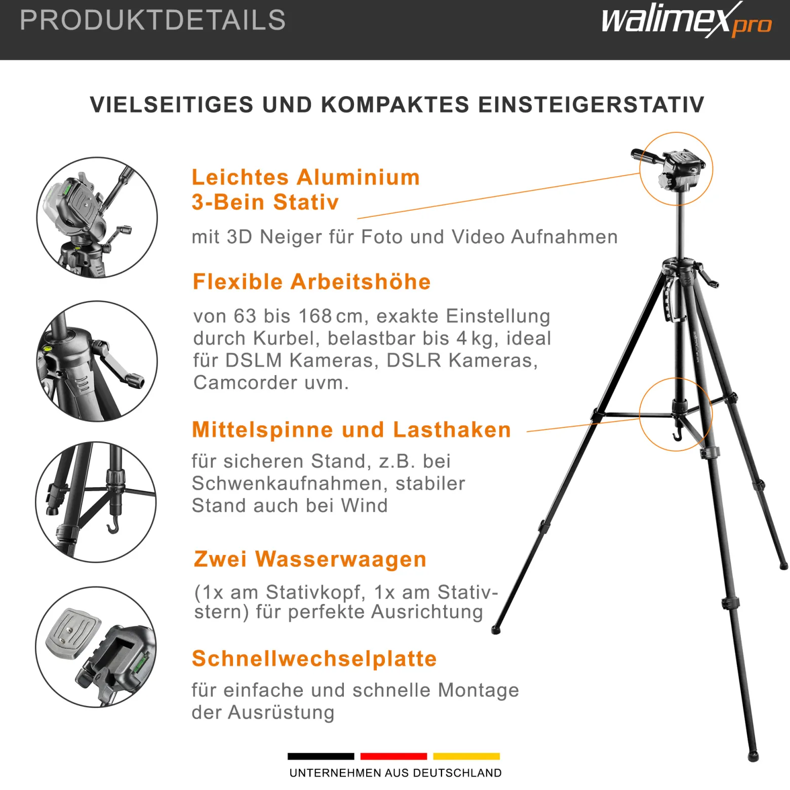 Walimex pro WT-3570 Basic-Stativ 168 cm schwarz, Kamerastativ mit Wasserwaage und 3D-Videoneiger, Dreibein Reisestativ mit Tragetasche, Tripod für DSLR, DSLM, System-, Digital- und Action Kameras