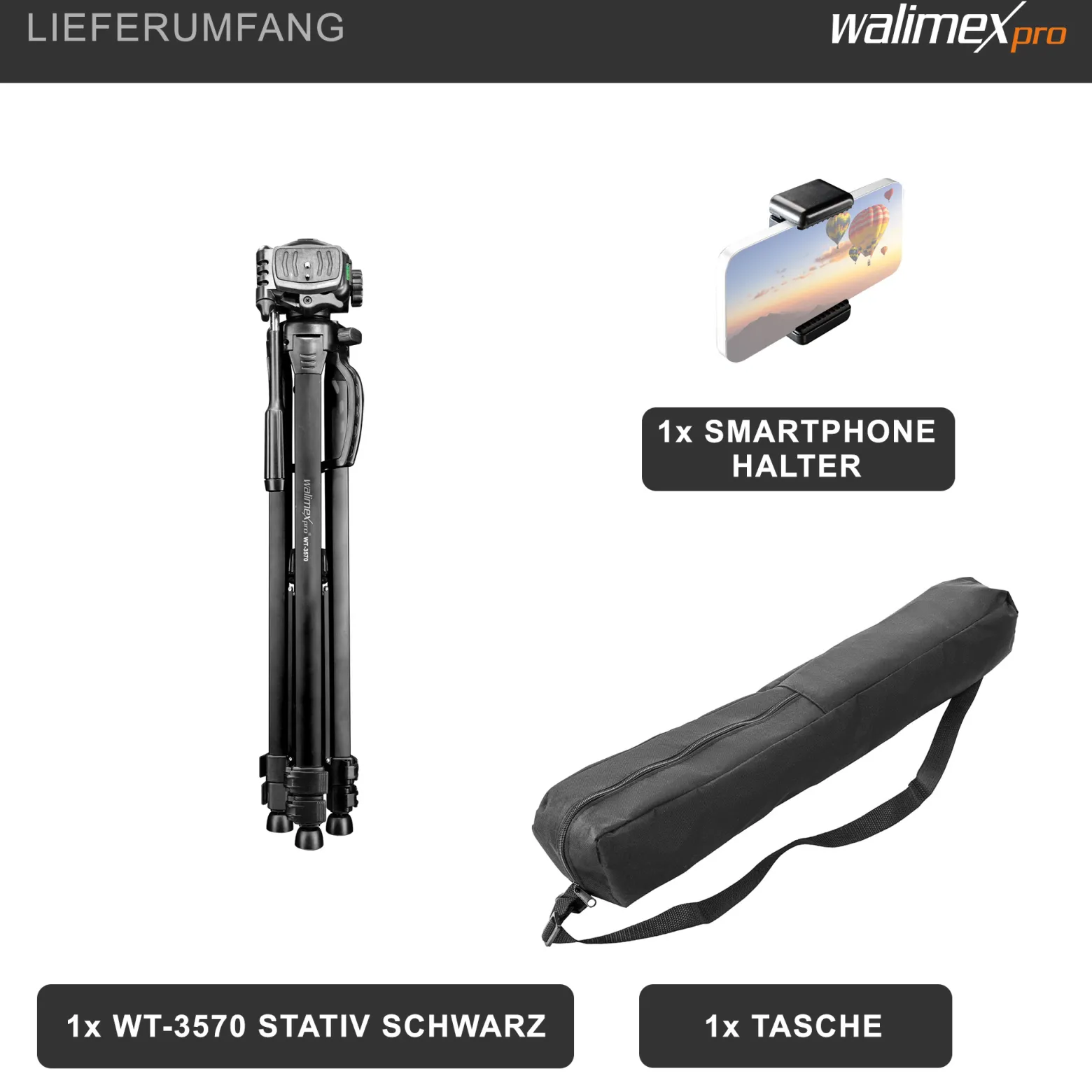 Walimex pro WT-3570 Basic-Stativ 168 cm schwarz, Kamerastativ mit Wasserwaage und 3D-Videoneiger, Dreibein Reisestativ mit Tragetasche, Tripod für DSLR, DSLM, System-, Digital- und Action Kameras