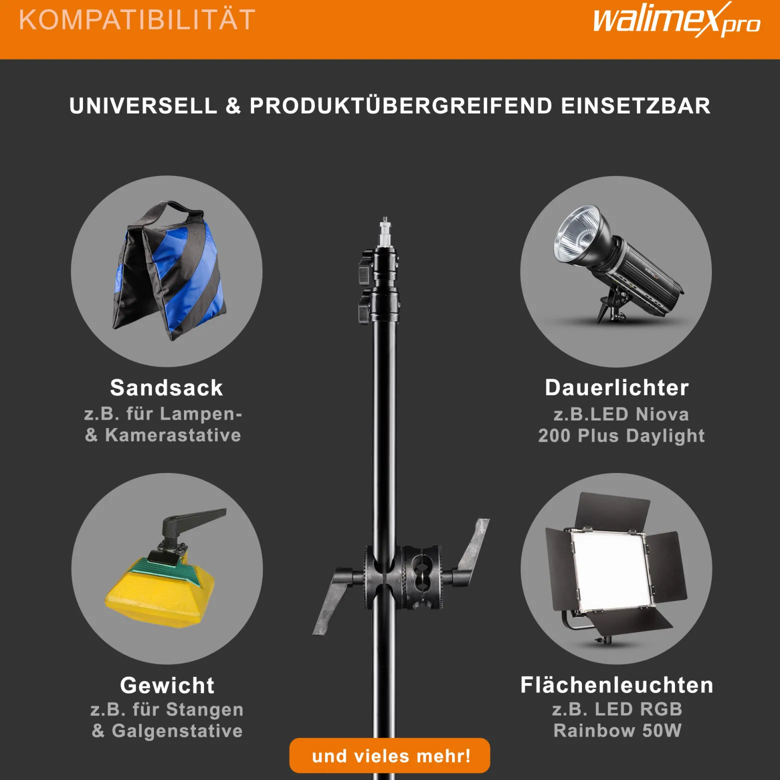 Walimex pro WT-501 Galgenstativ, verstellbares Lichtstativ mit 215 cm Haltearm, 4,4 kg Gegengewicht, 1/4 Zoll Gewinde für Softbox, Studiolicht, Reflektor, Blitz, ideal für Produktaufnahmen