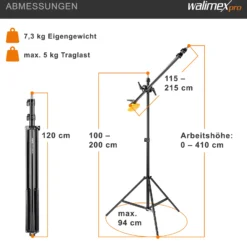 Walimex pro WT-501 Galgenstativ, verstellbares Lichtstativ mit 215 cm Haltearm, 4,4 kg Gegengewicht, 1/4 Zoll Gewinde für Softbox, Studiolicht, Reflektor, Blitz, ideal für Produktaufnahmen