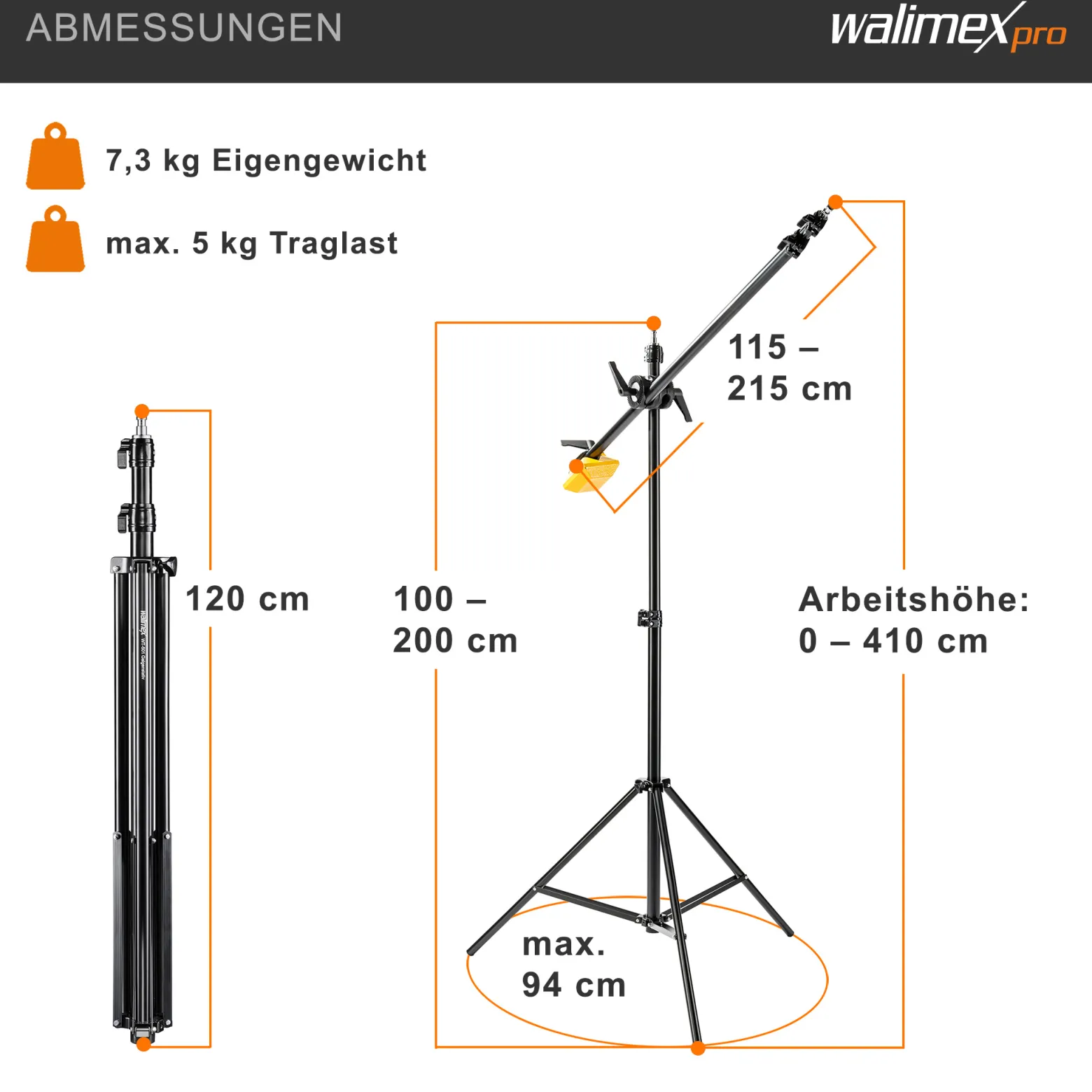 Walimex pro WT-501 Galgenstativ, verstellbares Lichtstativ mit 215 cm Haltearm, 4,4 kg Gegengewicht, 1/4 Zoll Gewinde für Softbox, Studiolicht, Reflektor, Blitz, ideal für Produktaufnahmen