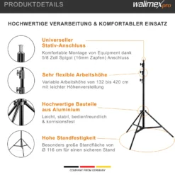 Walimex pro WT-420 Lampenstativ 420 cm, höhenverstellbares Lichtstativ belastbar bis 7,5 kg, Blitzstativ mit 5/8 Zoll Spigot, Studiostativ mit Federdämpfung
