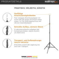 Walimex pro WT-803 Lampenstativ höhenverstellbar bis 208 cm, Lichtstativ aus Aluminium mit Tasche + Adapter, Studiostativ max. Traglast 3,5 kg, Blitzstativ für Studio und Mobil