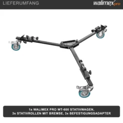 Walimex pro WT-600 Stativwagen für Dreibein- und Lampenstative, Transport Wagen Aluminium bis 10 kg Traglast, Stativ Zubehör für Studiofotografie