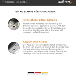 Walimex pro 2x Gewindeadapter 1/4 Zoll auf 3/8 Zoll, hochwertiger Gewinde Adapter aus Edelstahl, passend für ältere Kameras und Stativgewinde