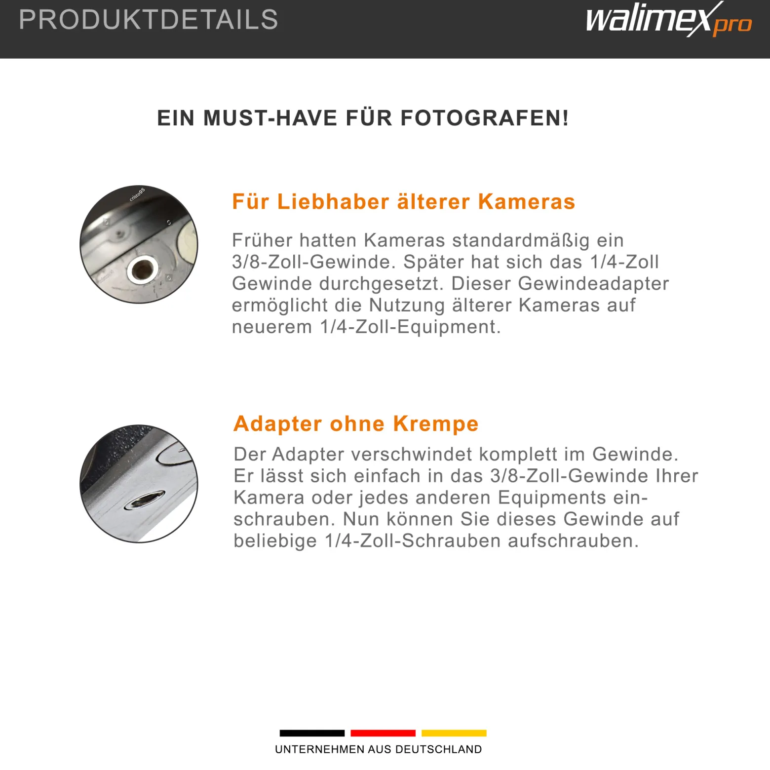 Walimex pro 2x Gewindeadapter 1/4 Zoll auf 3/8 Zoll, hochwertiger Gewinde Adapter aus Edelstahl, passend für ältere Kameras und Stativgewinde