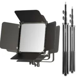 Walimex pro 2x LED Niova 100-F Pro 100 W Bi-Color Flächenleuchte mit 2x Lampenstativ, dimmbare Videoleuchte, Studioleuchte mit weichem Licht, Fotolicht mit Fernbedienung
