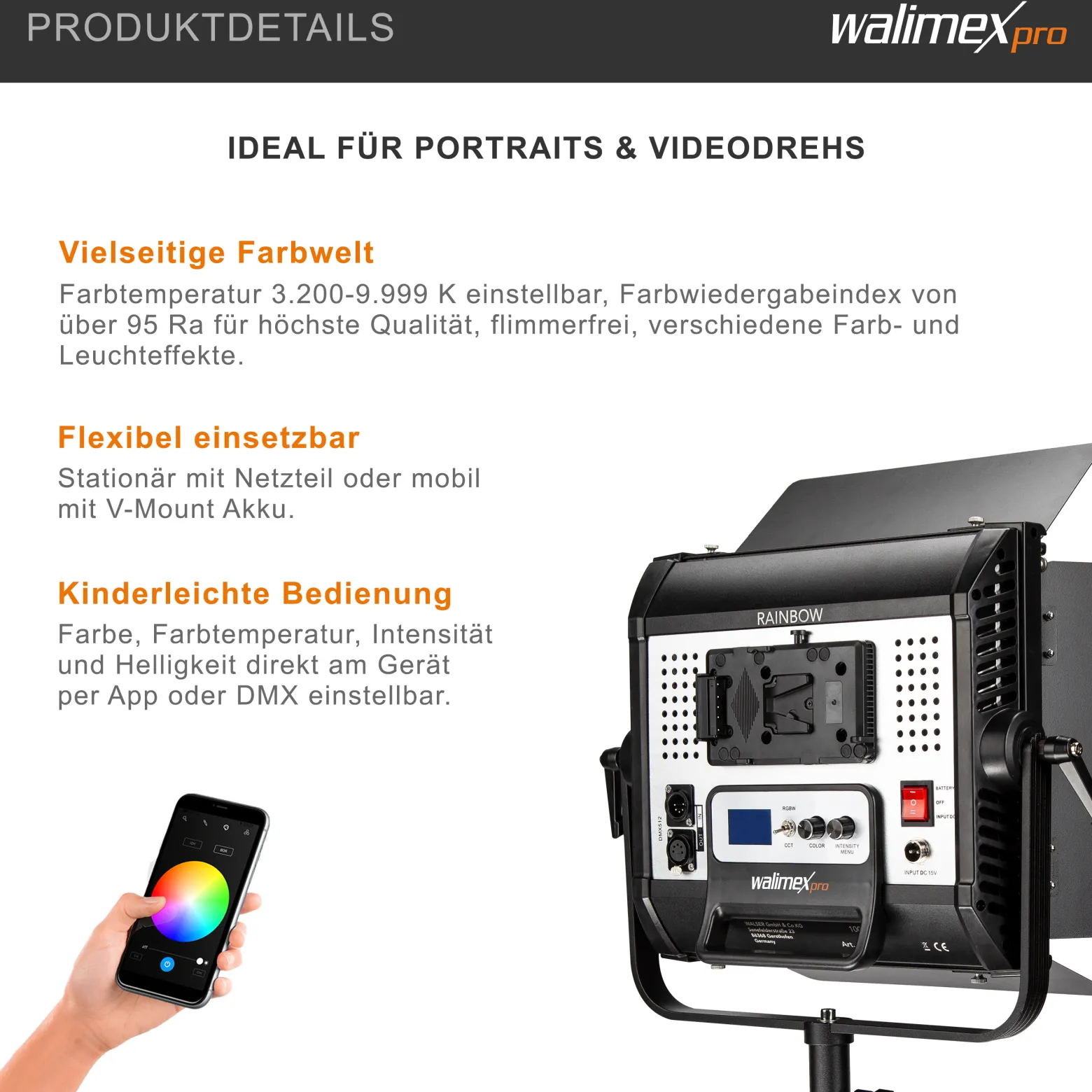 Walimex pro 3x LED Rainbow Flächenleuchte mit 3x Lampenstativ, RGBWW Flächenlicht 100 W, Bi-Color Videoleuchte, Studioleuchte per App steuerbar, Studio-Beleuchtung mit Effektgenerator