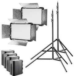 Walimex pro 2x LED 500 Versalight Daylight Flächenleuchte inkl. 2x Lampenstativ + 4x Akku, 32 W Videoleuchte, Tageslichtlampe mit 5600 K, Studioleuchte mit Fernbedienung