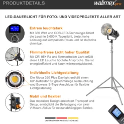 Walimex pro 2x Niova Plus Daylight Studioleuchte 350 W, dimmbare LED Videoleuchte, Videolicht mit Bowens-Reflektor & Soft Diffusor, Studiolicht mit COB-LED-Technologie