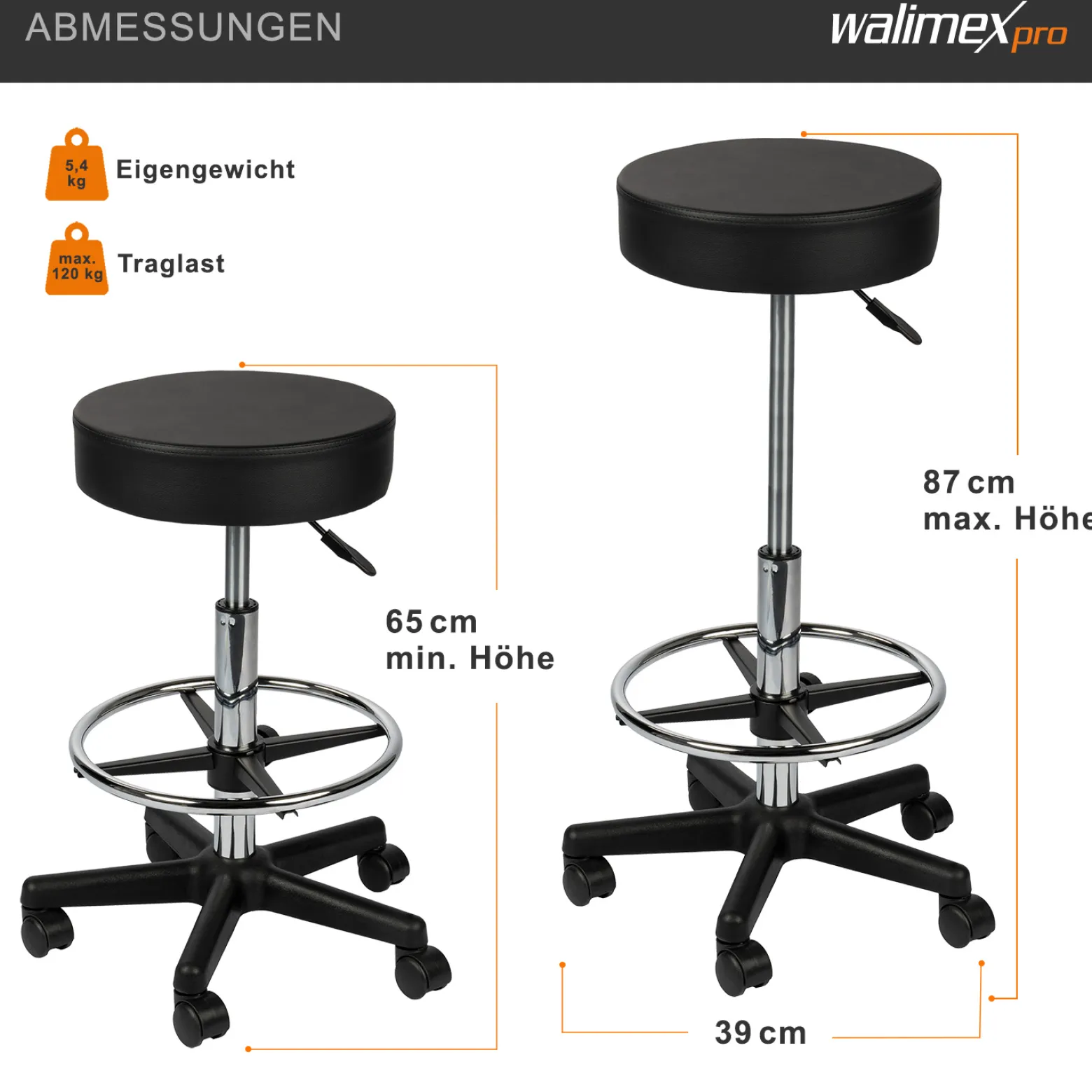 Walimex Rollhocker mit schwarzem Polstersitz, Höhenverstellbar 65-87 cm Sitzhöhe, bis 120 kg belastbar, 360° drehbar, Bürohocker, Drehhocker, Studiohocker, Posierhocker