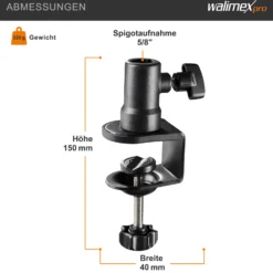 Walimex Schraubklemme mit Spigotaufnahme - 65 x 40 x 150 mm - für 1/4 und 5/8" Spigot - Klemmbereich ca. 3,5 cm - für Kanten und Platten - Fotozubehör Kamera Zubehör Fotostudio Atelier