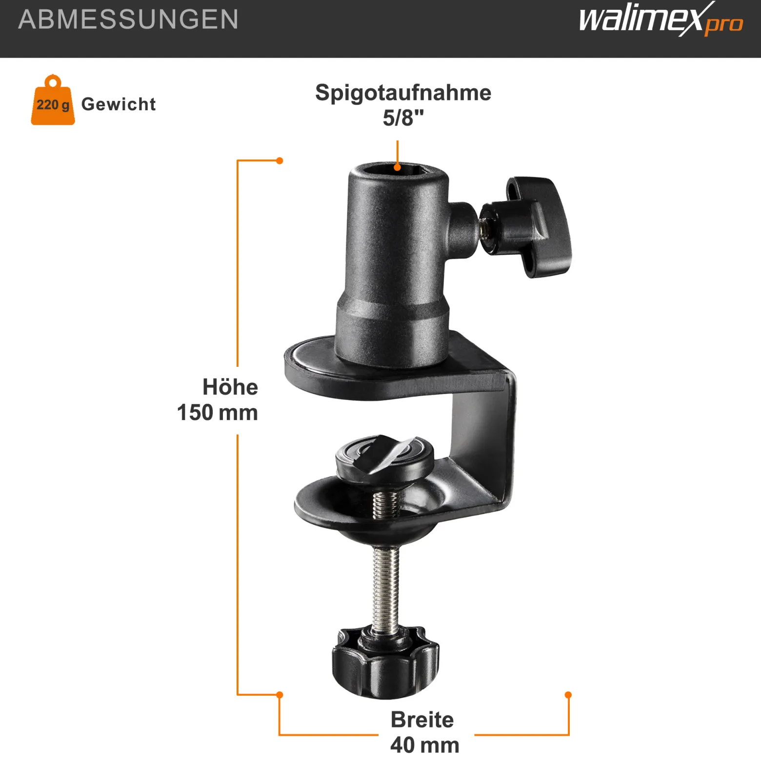 Walimex Schraubklemme mit Spigotaufnahme - 65 x 40 x 150 mm - für 1/4 und 5/8" Spigot - Klemmbereich ca. 3,5 cm - für Kanten und Platten - Fotozubehör Kamera Zubehör Fotostudio Atelier
