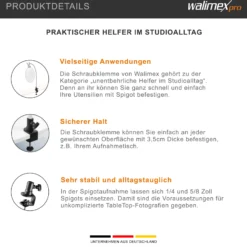 Walimex Schraubklemme mit Spigotaufnahme - 65 x 40 x 150 mm - für 1/4 und 5/8