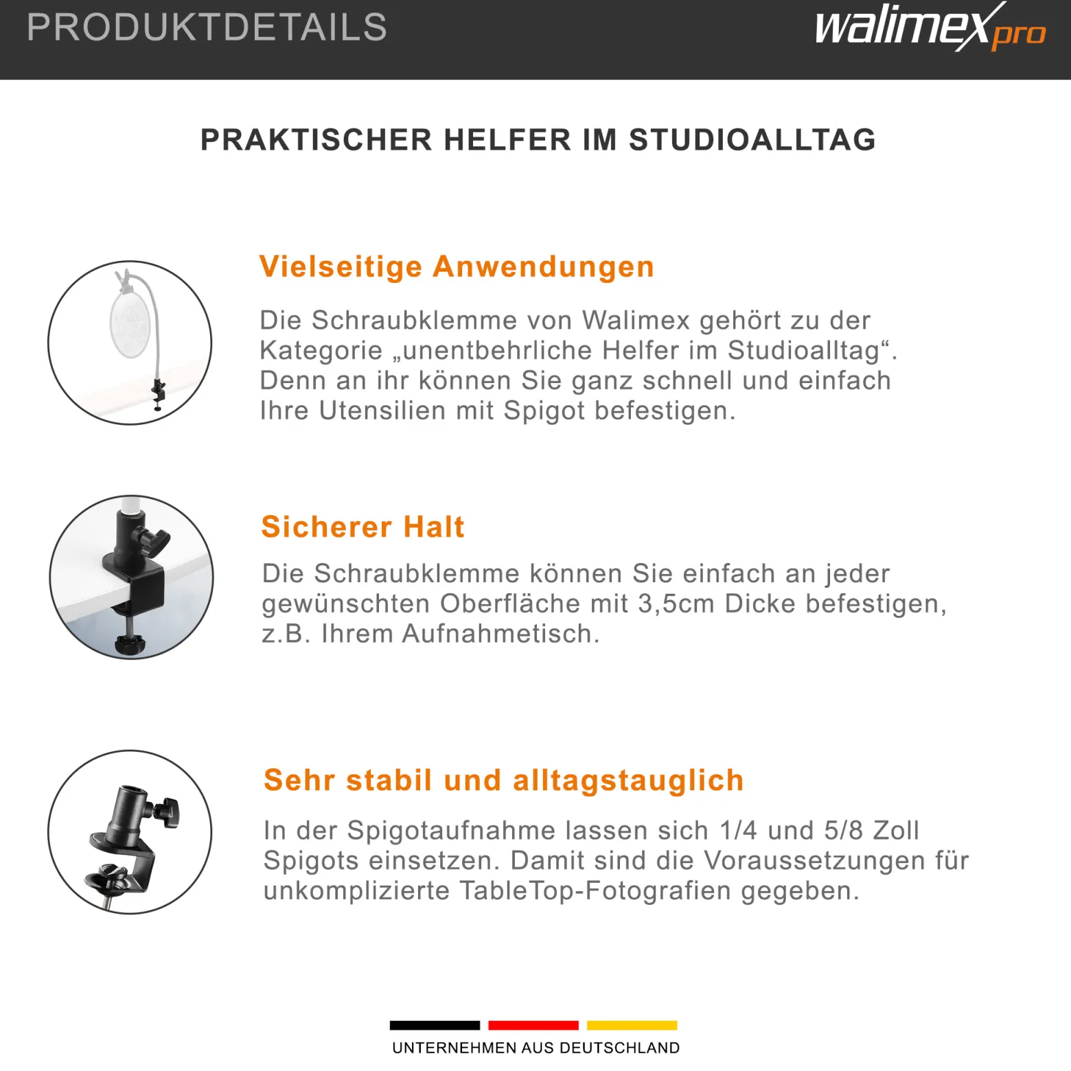 Walimex Schraubklemme mit Spigotaufnahme - 65 x 40 x 150 mm - für 1/4 und 5/8" Spigot - Klemmbereich ca. 3,5 cm - für Kanten und Platten - Fotozubehör Kamera Zubehör Fotostudio Atelier