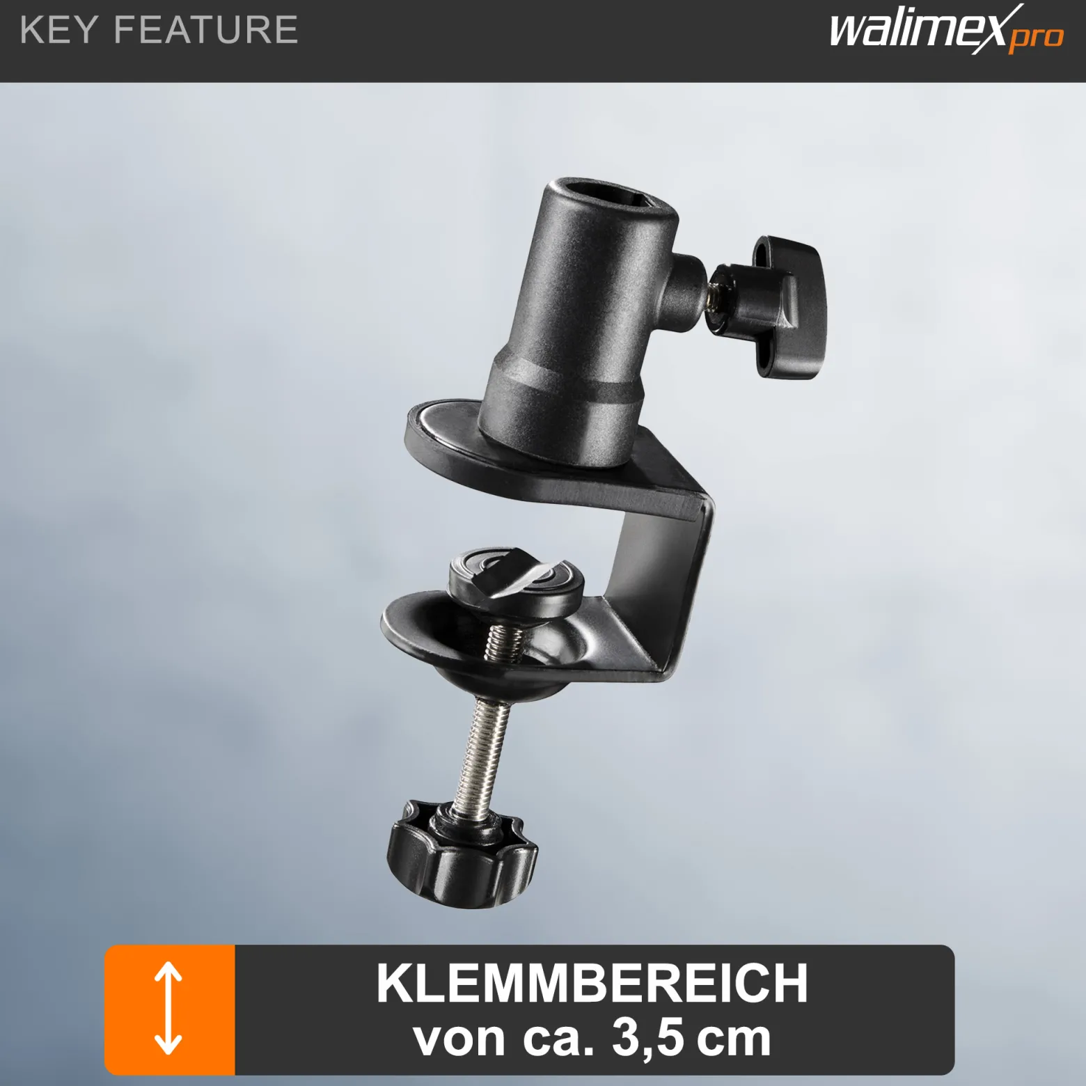 Walimex Schraubklemme mit Spigotaufnahme - 65 x 40 x 150 mm - für 1/4 und 5/8" Spigot - Klemmbereich ca. 3,5 cm - für Kanten und Platten - Fotozubehör Kamera Zubehör Fotostudio Atelier