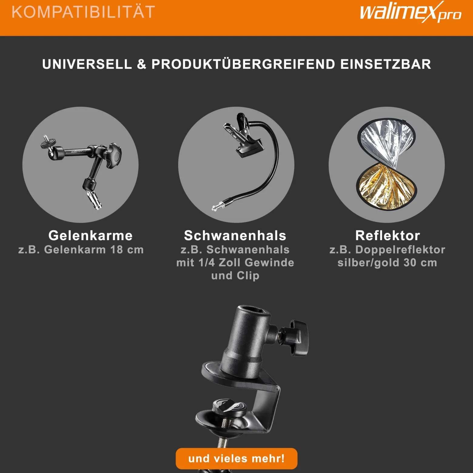 Walimex Schraubklemme mit Spigotaufnahme - 65 x 40 x 150 mm - für 1/4 und 5/8" Spigot - Klemmbereich ca. 3,5 cm - für Kanten und Platten - Fotozubehör Kamera Zubehör Fotostudio Atelier