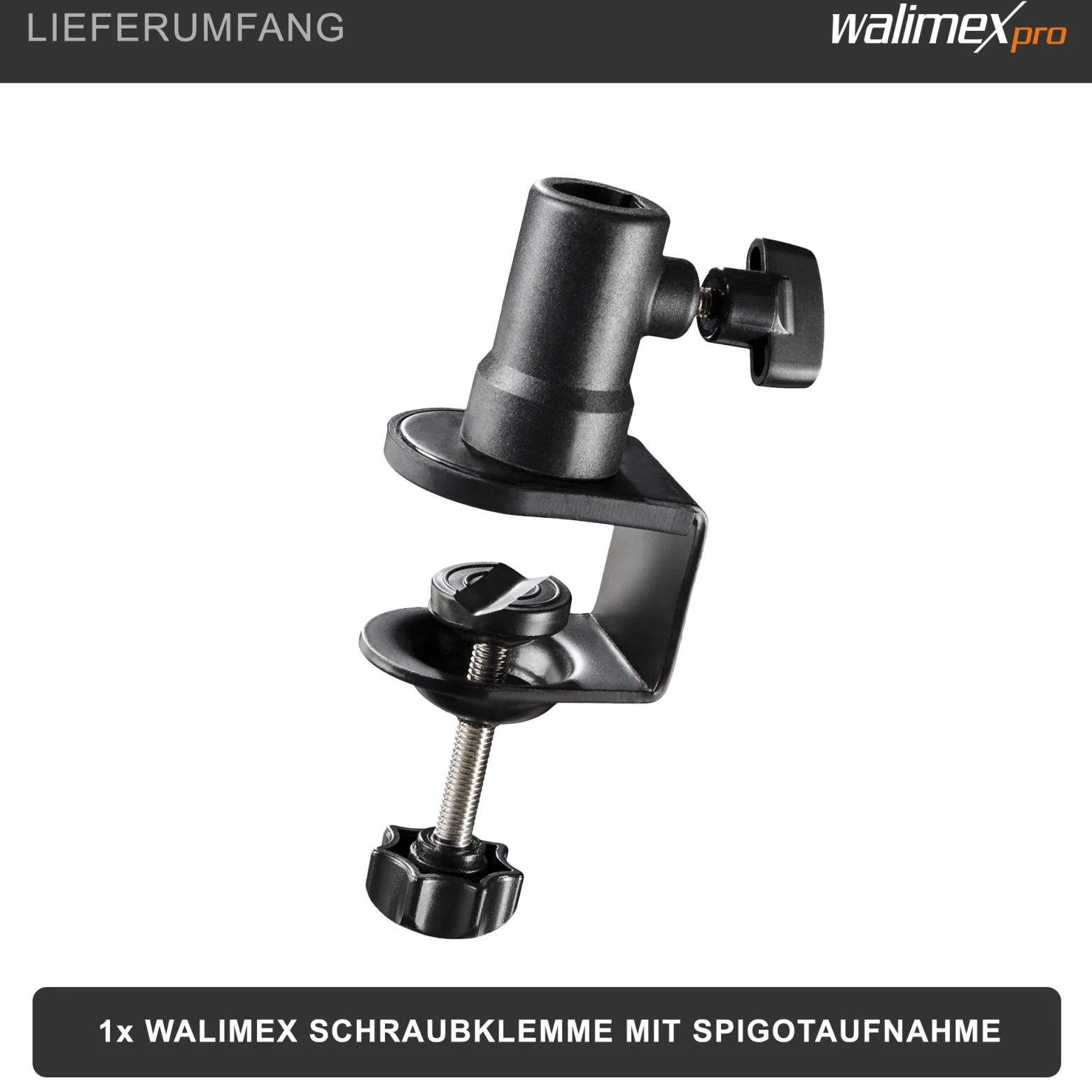 Walimex Schraubklemme mit Spigotaufnahme - 65 x 40 x 150 mm - für 1/4 und 5/8" Spigot - Klemmbereich ca. 3,5 cm - für Kanten und Platten - Fotozubehör Kamera Zubehör Fotostudio Atelier
