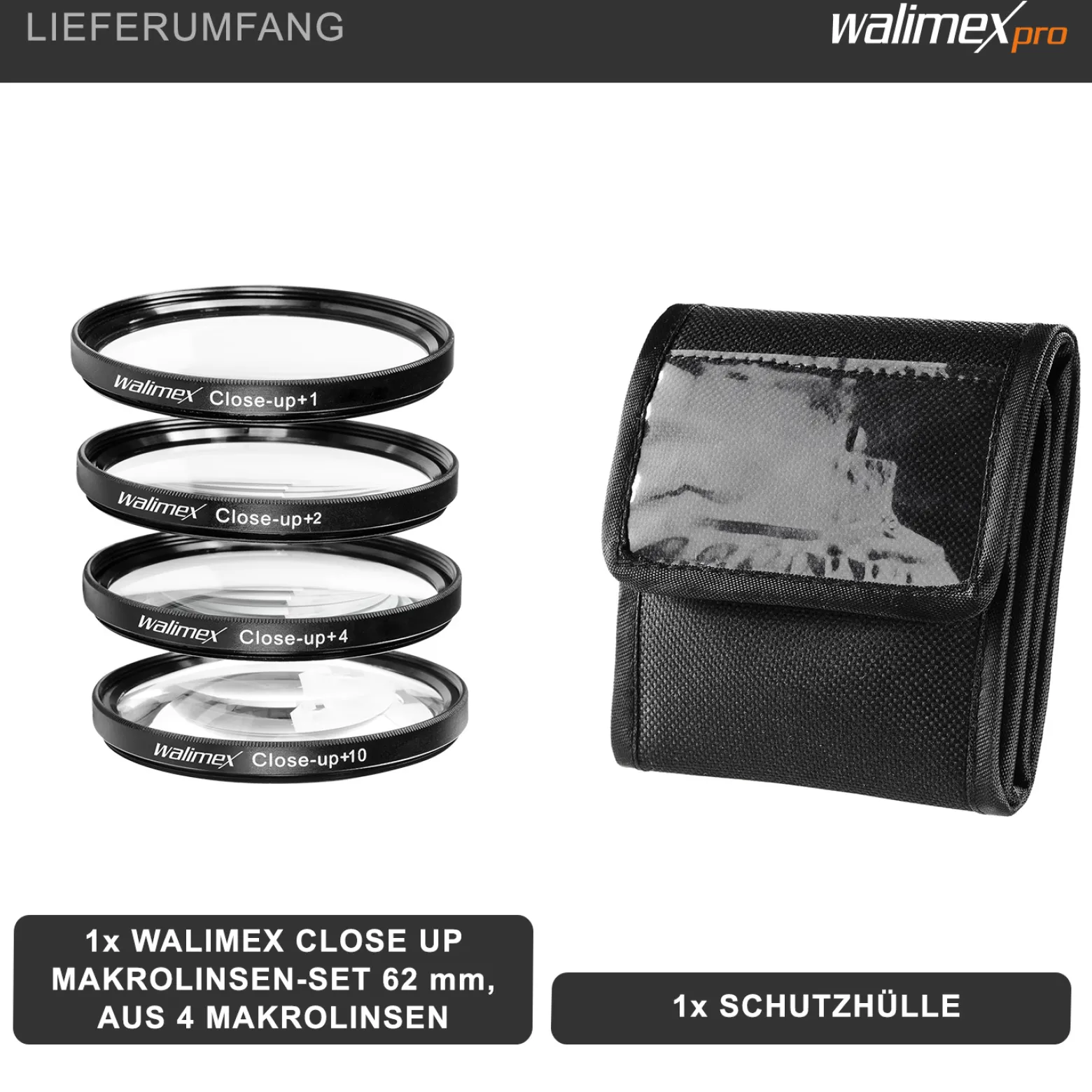 Walimex Set 4x Close up Makrolinsen/Nahlinsen - für 62 mm Gewinde - inkl. +1/+2/+4/+10 Dioptrien - Kamera Foto Zubehör für Makrofotografie Macro Shots Makro Objektiv