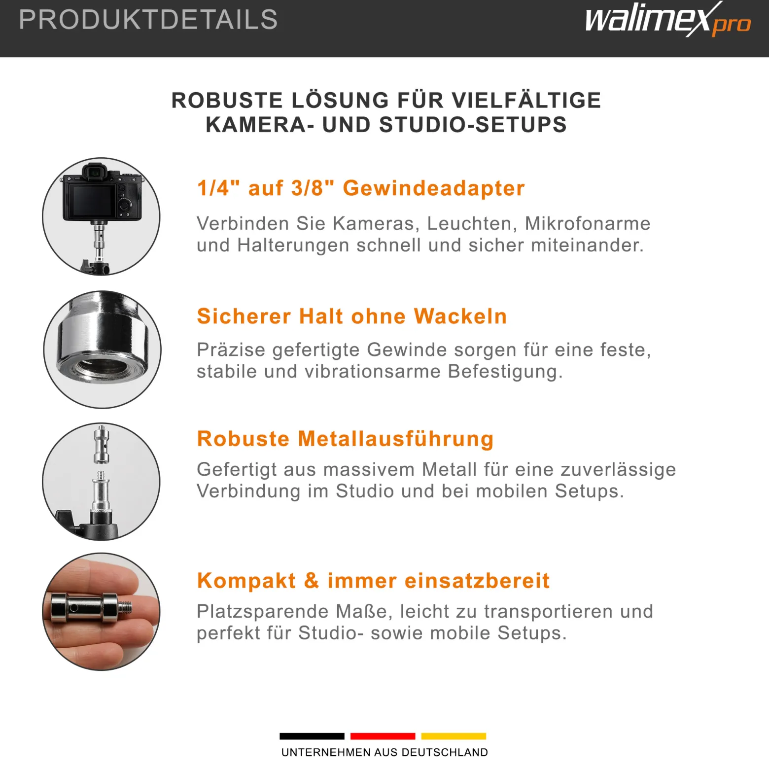 Walimex Set 4x Spigot Gewinde Adapter 1/4 Zoll auf 3/8 Zoll – Gewindeadapter für Kamera Zubehör und Stativ – Fotostudio Fotoshootings Fotografie