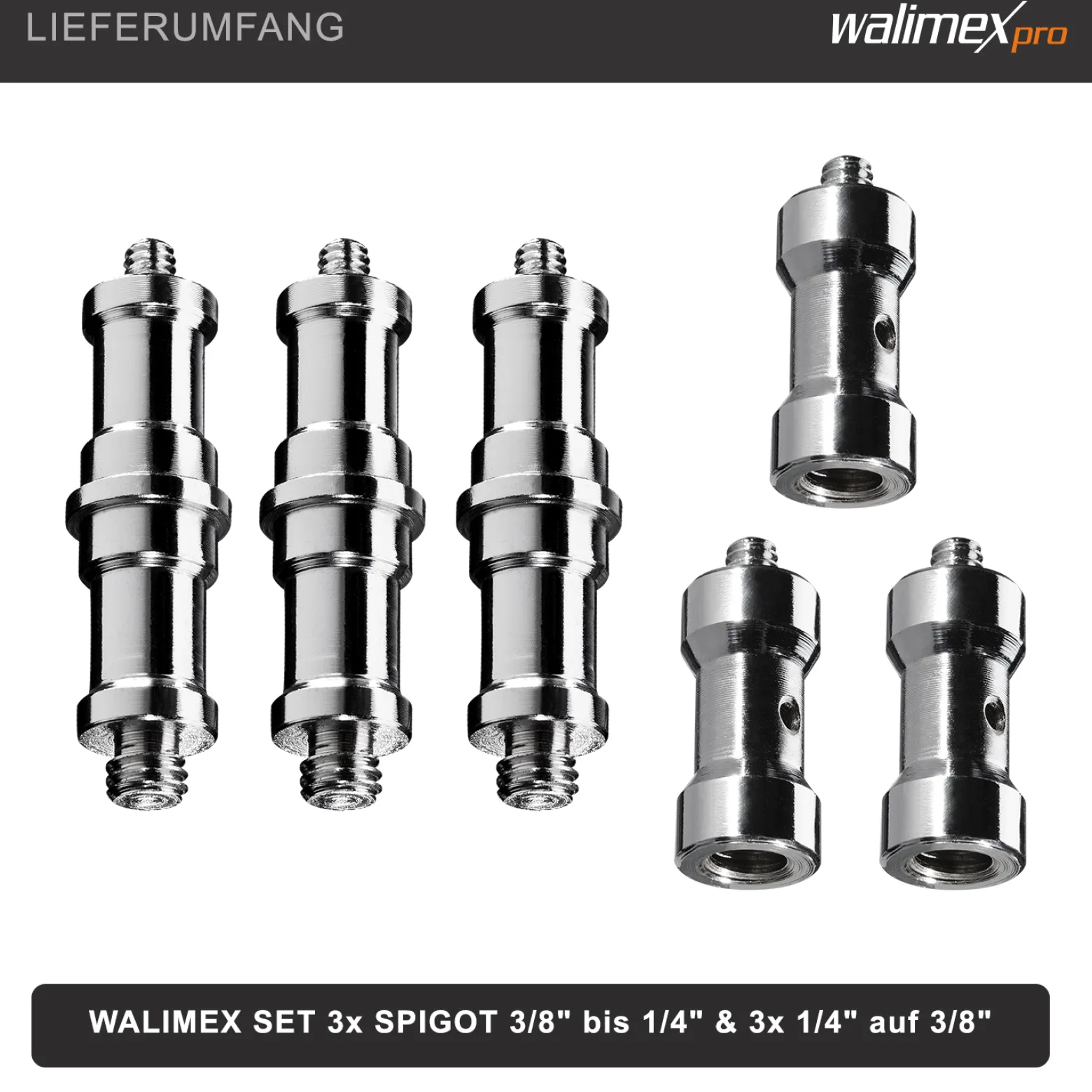 Walimex Set 3x Spigot Gewinde Adapter 3/8 Zoll bis 1/4 Zoll und 3x Spigot Gewinde Adapter 3/8 Zoll auf 1/4 Zoll– Gewindeadapter für Kamera Zubehör und Stativ – Fotostudio Fotoshootings Fotografie