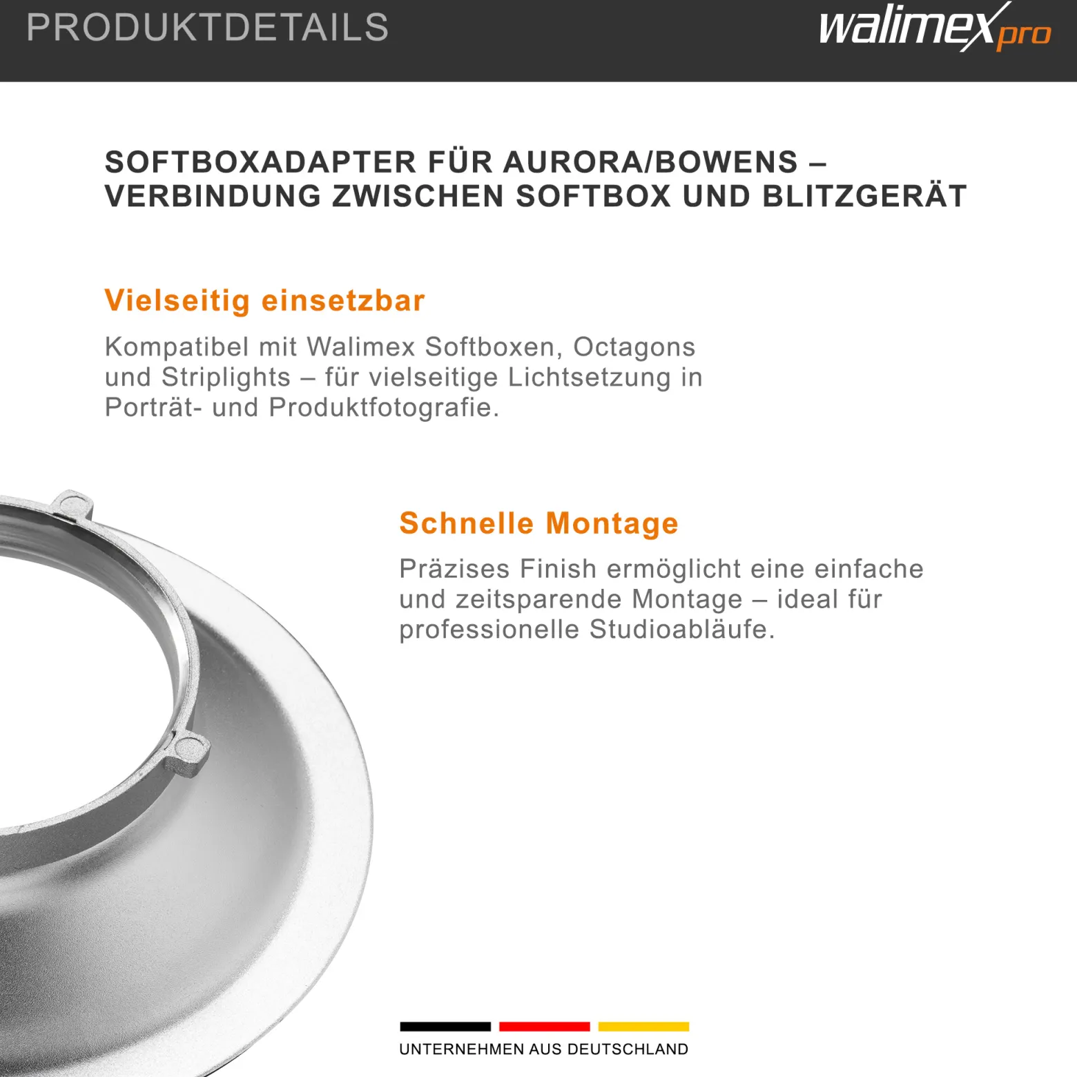 Walimex Softboxadapter für Octagon Striplight - 152 x 152 x 47 mm - aus Aluminium - Lichtformer-Adapter für Softboxen Striplight - kompatibel mit Multiblitz P Bajonett Blitzsystemen