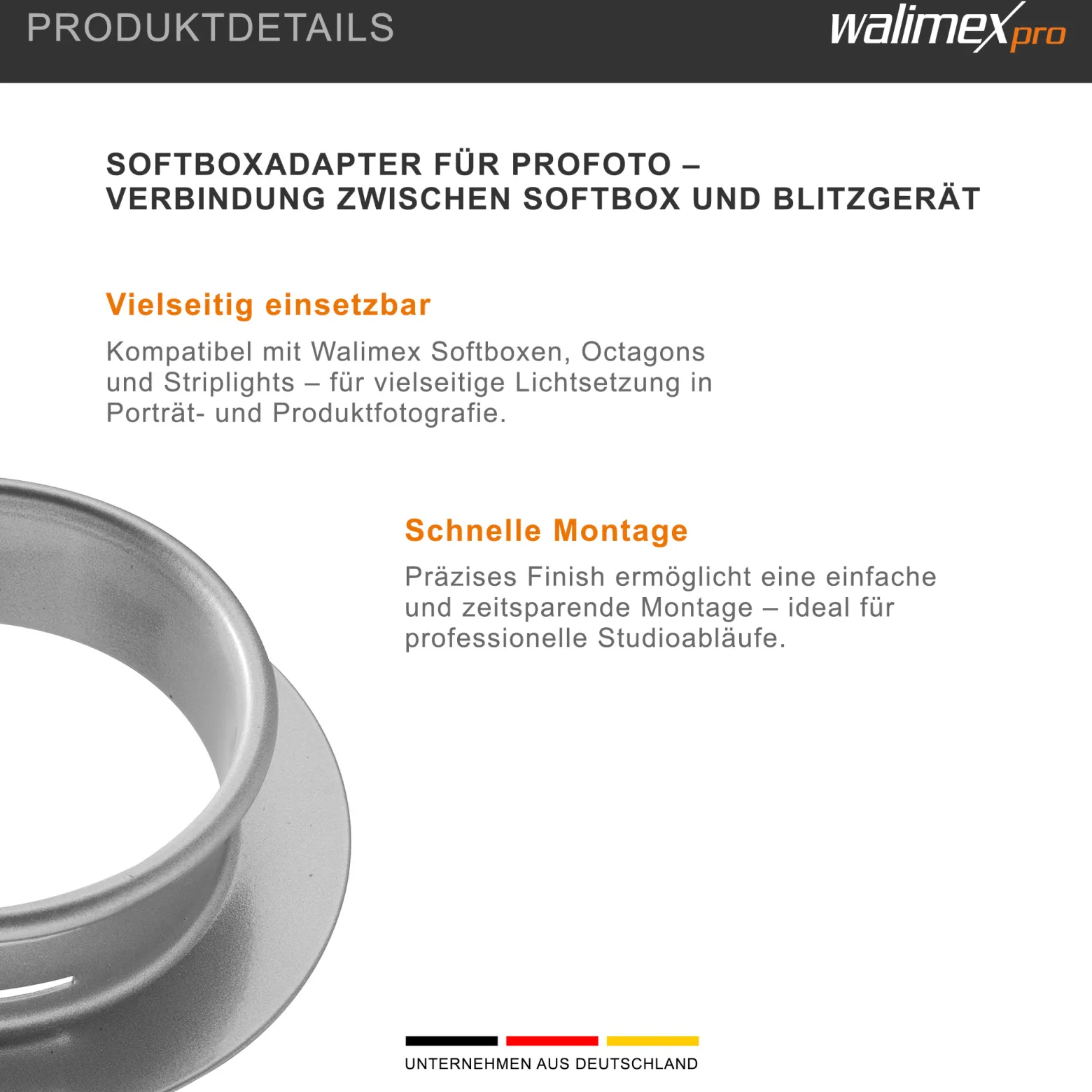 Walimex Softboxadapter für Octagon Striplight - 152 x 152 x 40 mm - aus Metall - Lichtformer-Adapter für Softboxen Striplight - kompatibel mit Profoto Blitzsystemen