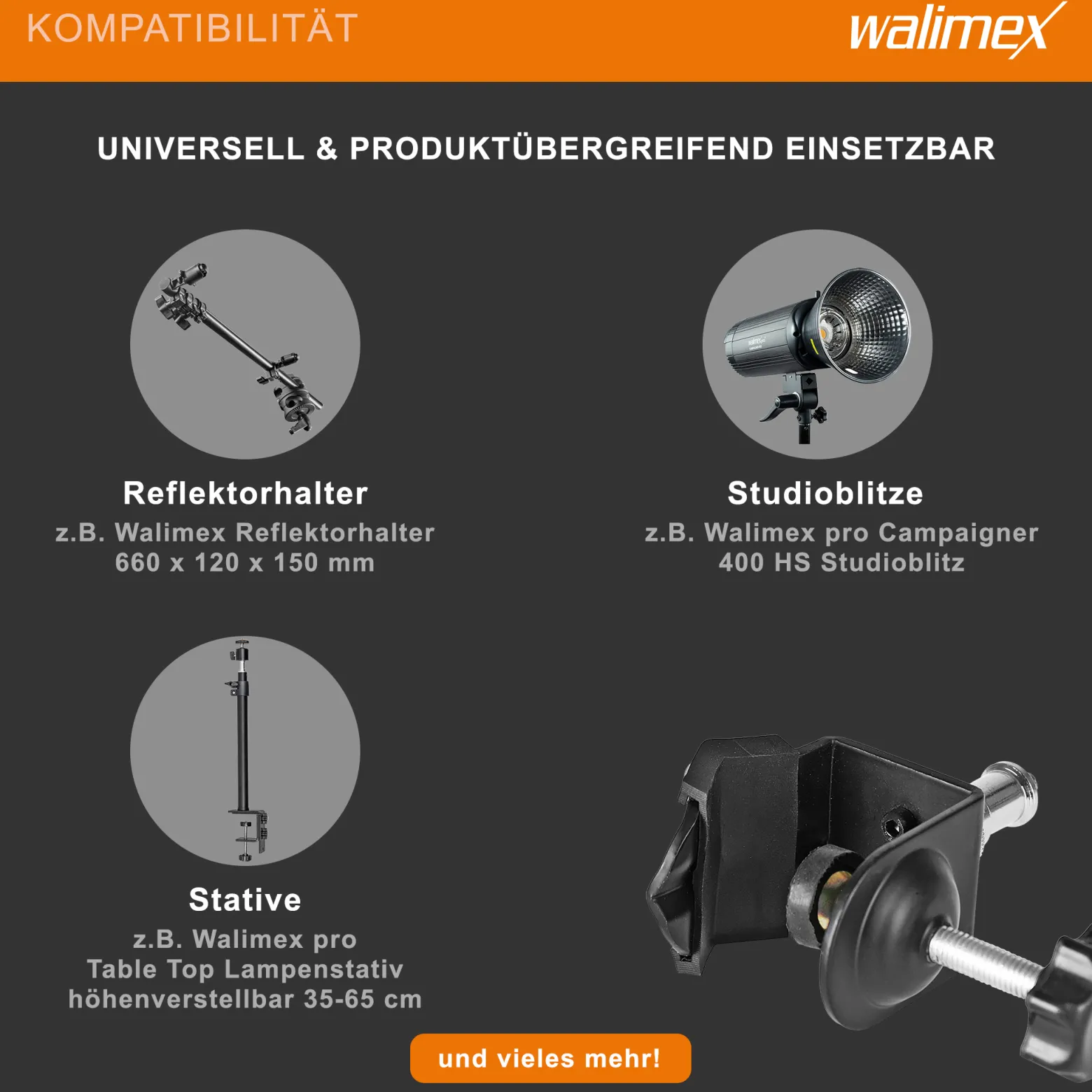 Walimex Studioklemme 110 x 100 x 45 mm mit 5/8 Spigot 1/4" Gewinde Klemmbereich 1-3,5 cm