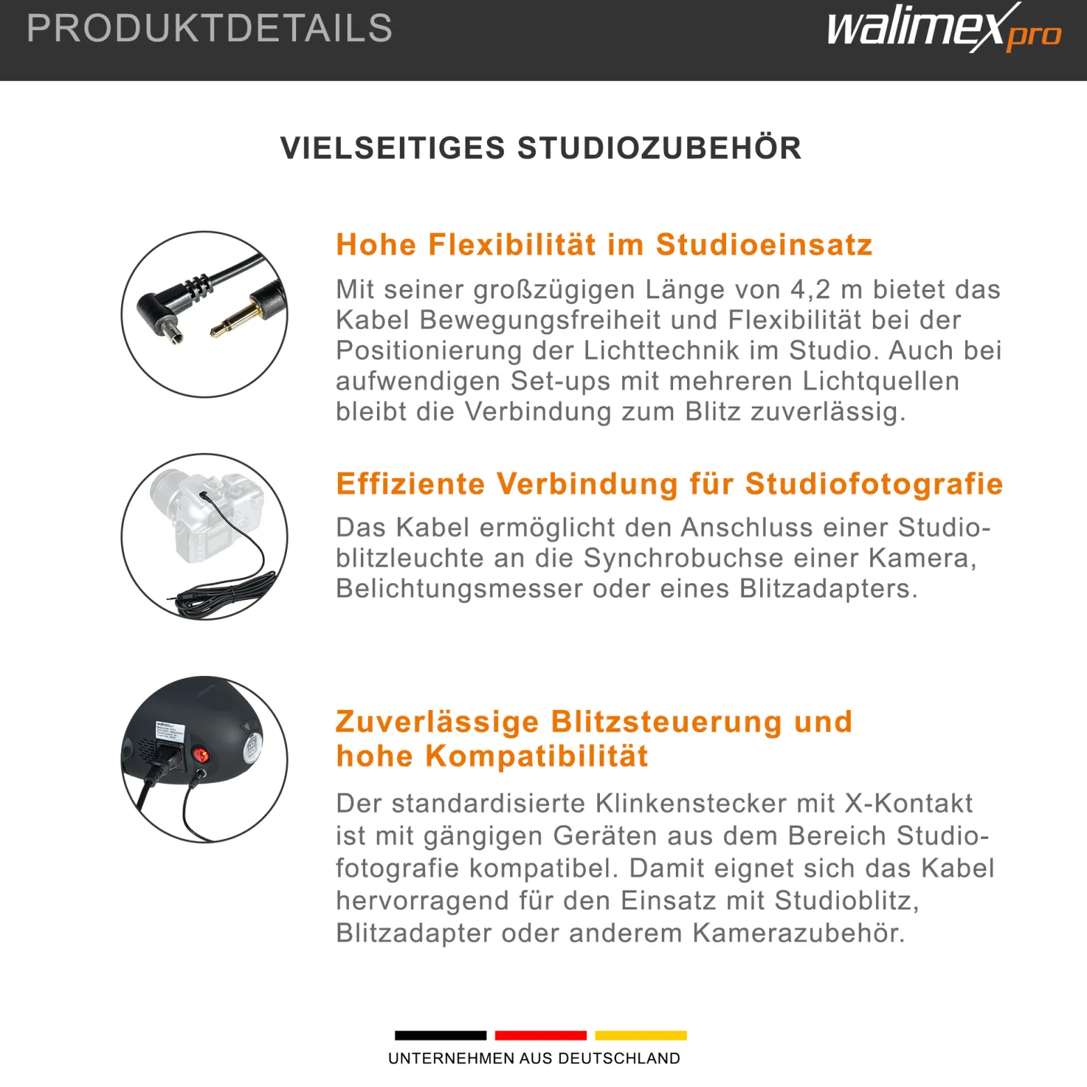 Walimex Synchrokabel - 17 x 8 x 4200 mm - mit Klinkenstecker 3,5 mm und X-Kontakt - für Blitzkabel für Blitzgerät Studioblitzleuchte