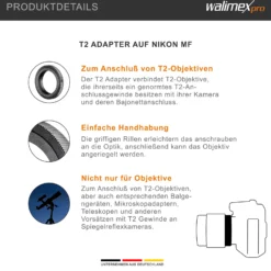 Walimex T2 Adapter kompatibel mit Nikon MF - 60 x 60 x 6 mm - Adapterring manueller Fokus, einfache Handhabung, Objektiv-Anschlussring für viele Modelle