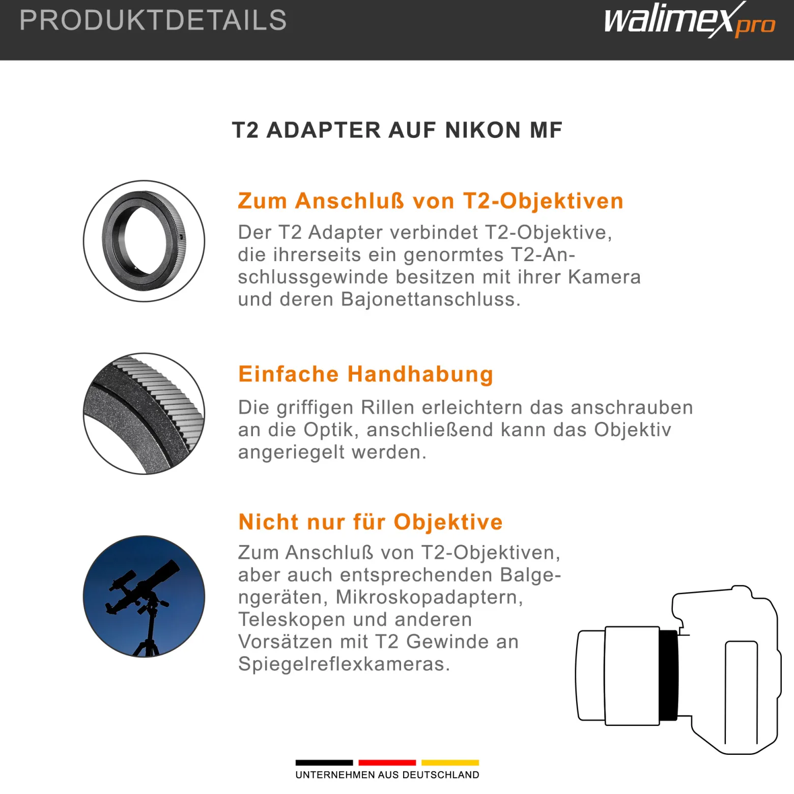 Walimex T2 Adapter kompatibel mit Nikon MF - 60 x 60 x 6 mm - Adapterring manueller Fokus, einfache Handhabung, Objektiv-Anschlussring für viele Modelle