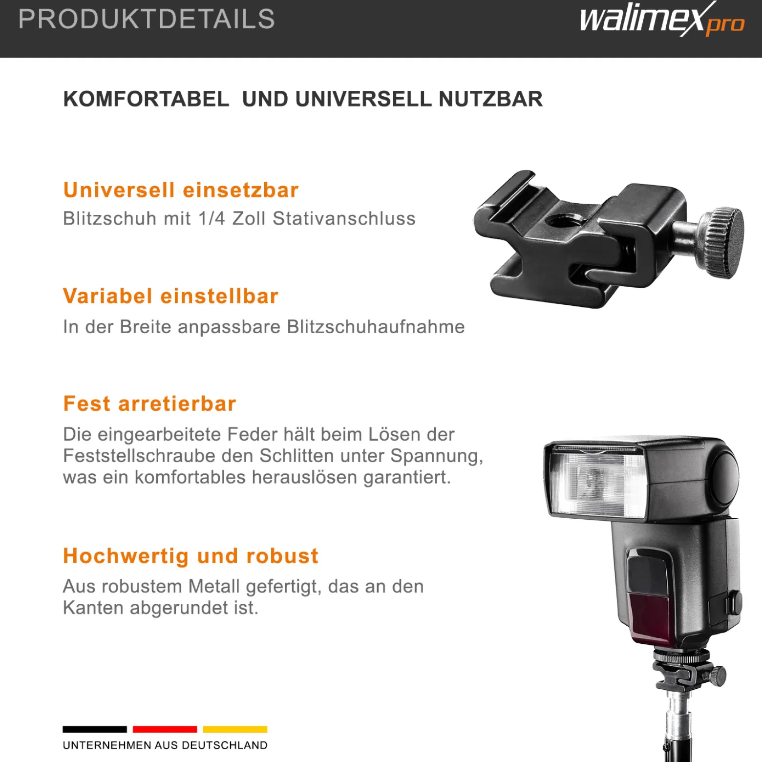 Walimex Universal Blitzschuh - 64 x 39 x 25 mm - aus Metall - mit 1/4" Stativanschluss und Feststellschraube - Zubehör Foto Studio